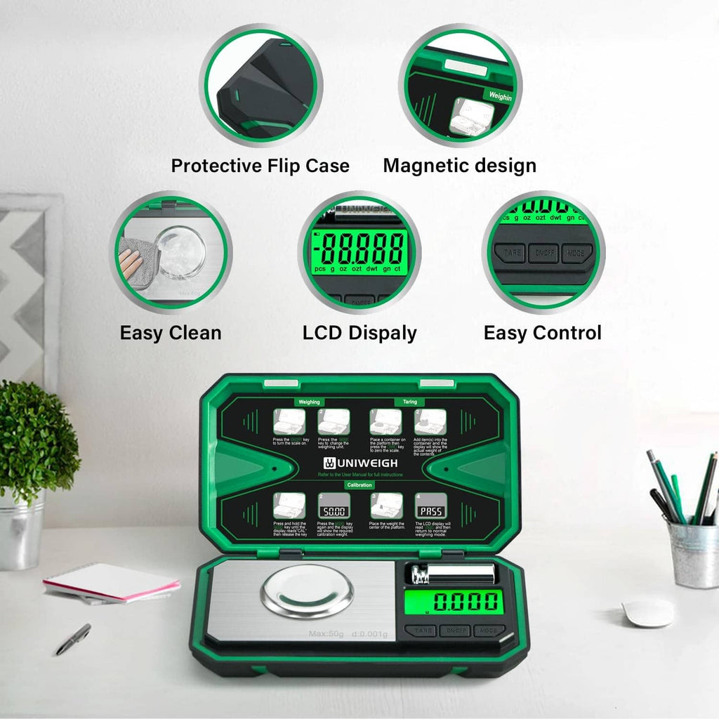 Milligram scale in open case with LCD display, metal pan, and control buttons