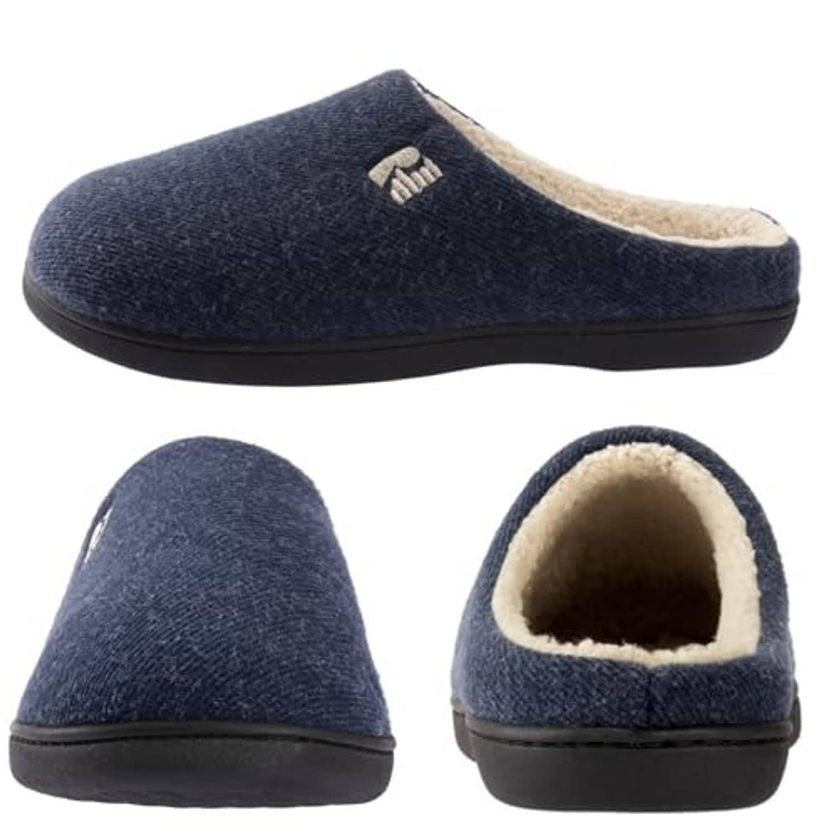 Navy blue men’s clog slippers with sherpa lining and memory-foam footbed