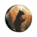RV spare tire cover with bear holding a coffee cup on scenic sunset print