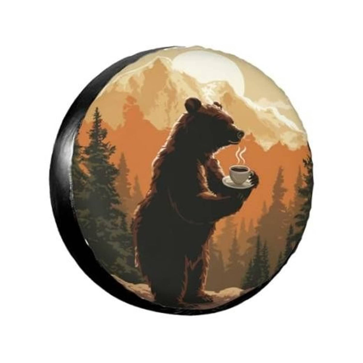 RV spare tire cover with bear holding a coffee cup on scenic sunset print