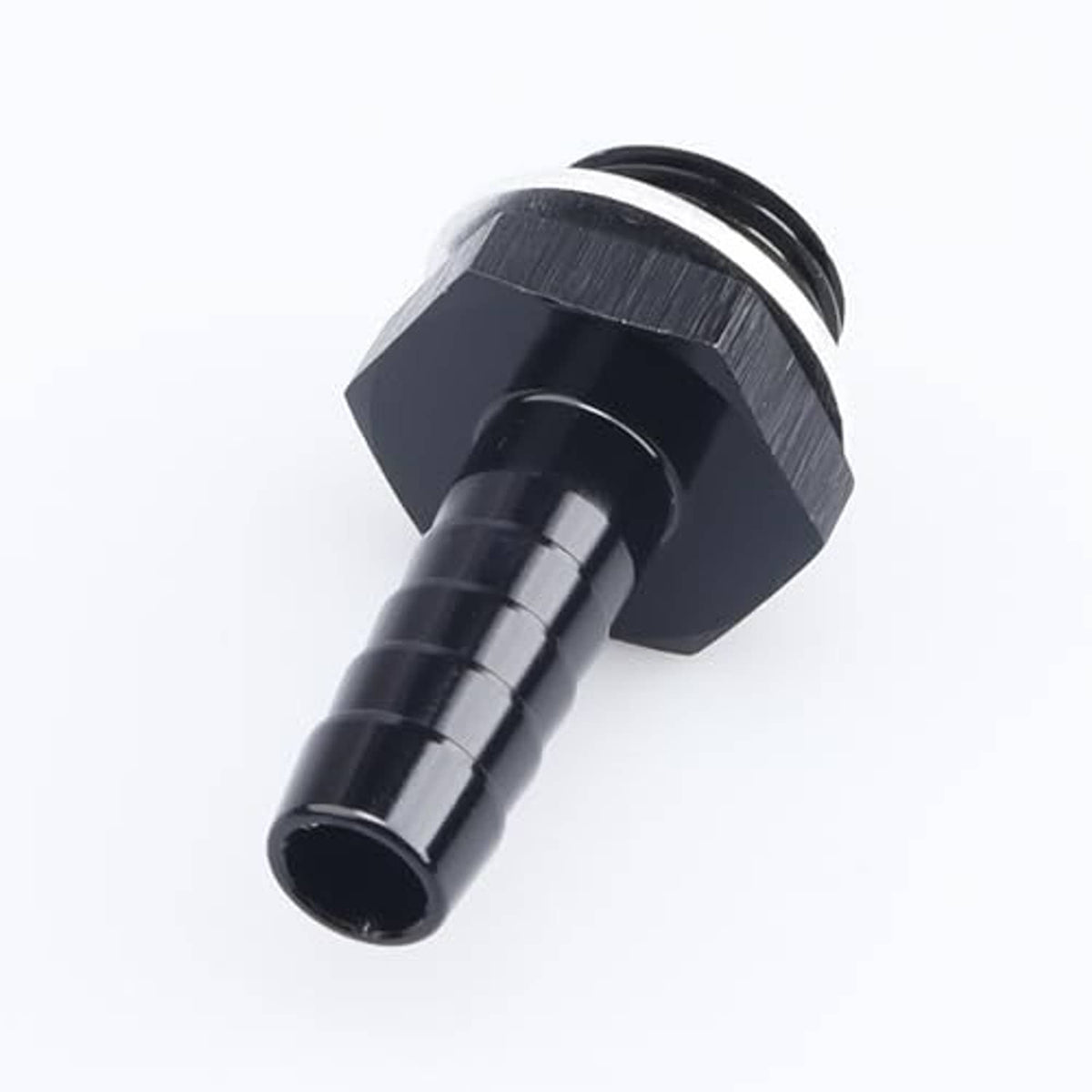 Straight black male metric barb fitting, end view of barbed connector