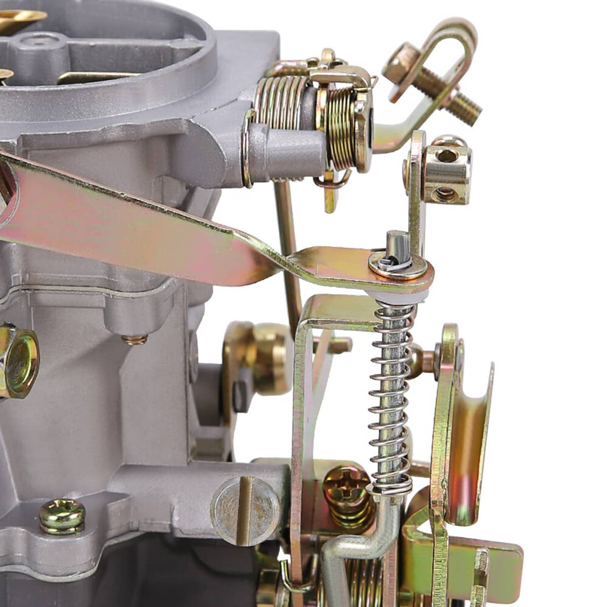Carburetor close-up of spring linkage and throttle arm on silver housing
