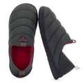 Men's dark grey quilted loafer slipper with red lining and red-trim stitching.
