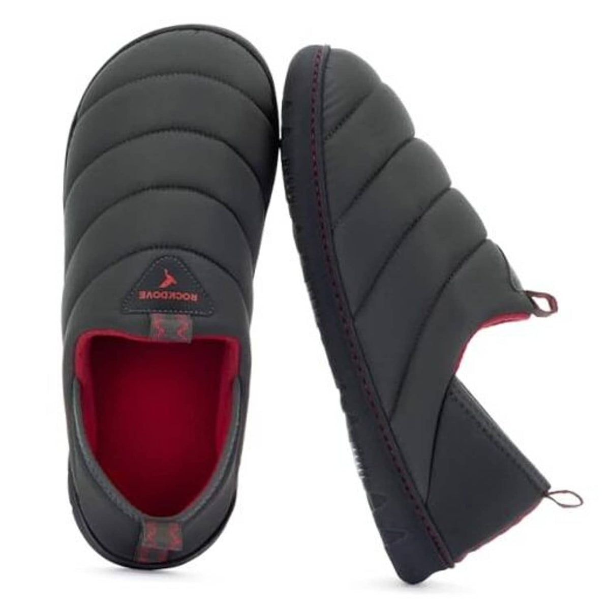 Men's dark grey quilted loafer slipper with red lining and red-trim stitching.