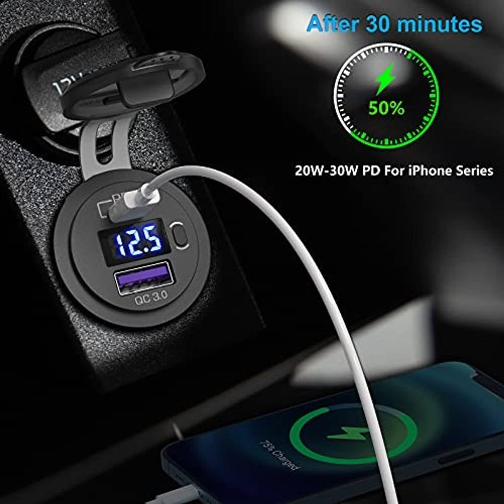 Black dual USB charger socket with blue LED voltmeter and USB cable connected