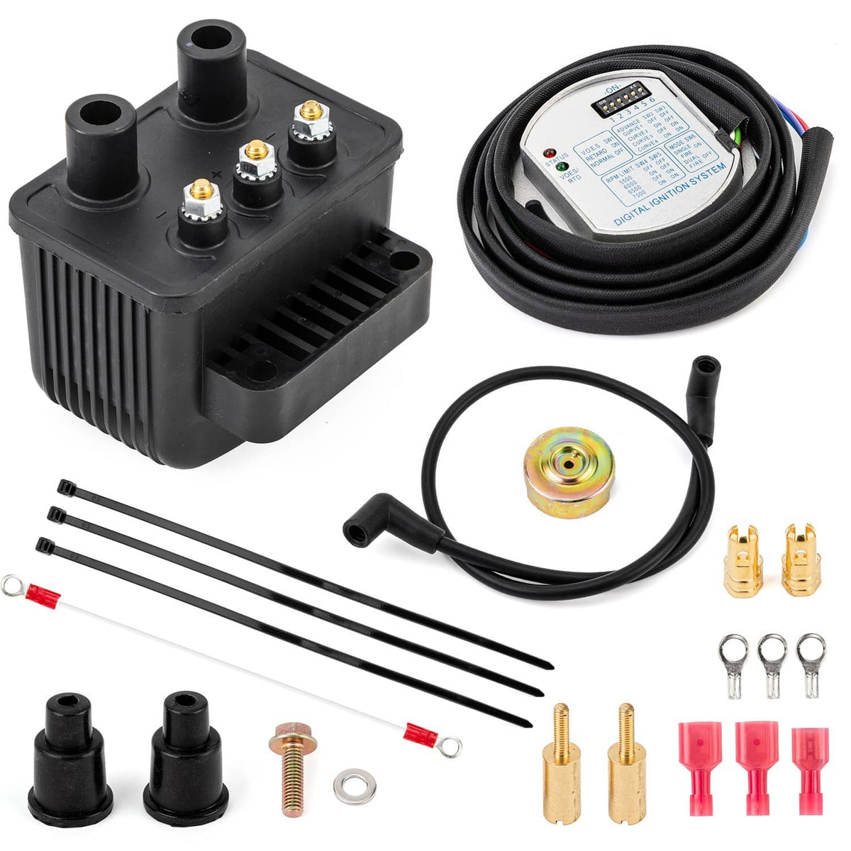 Single-fire programmable ignition kit with black control module, harness, rotor, hardware
