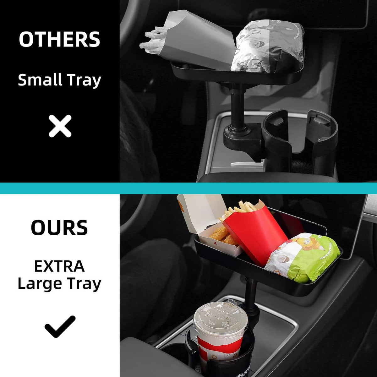 Black large car cup holder tray holding takeout food and cups