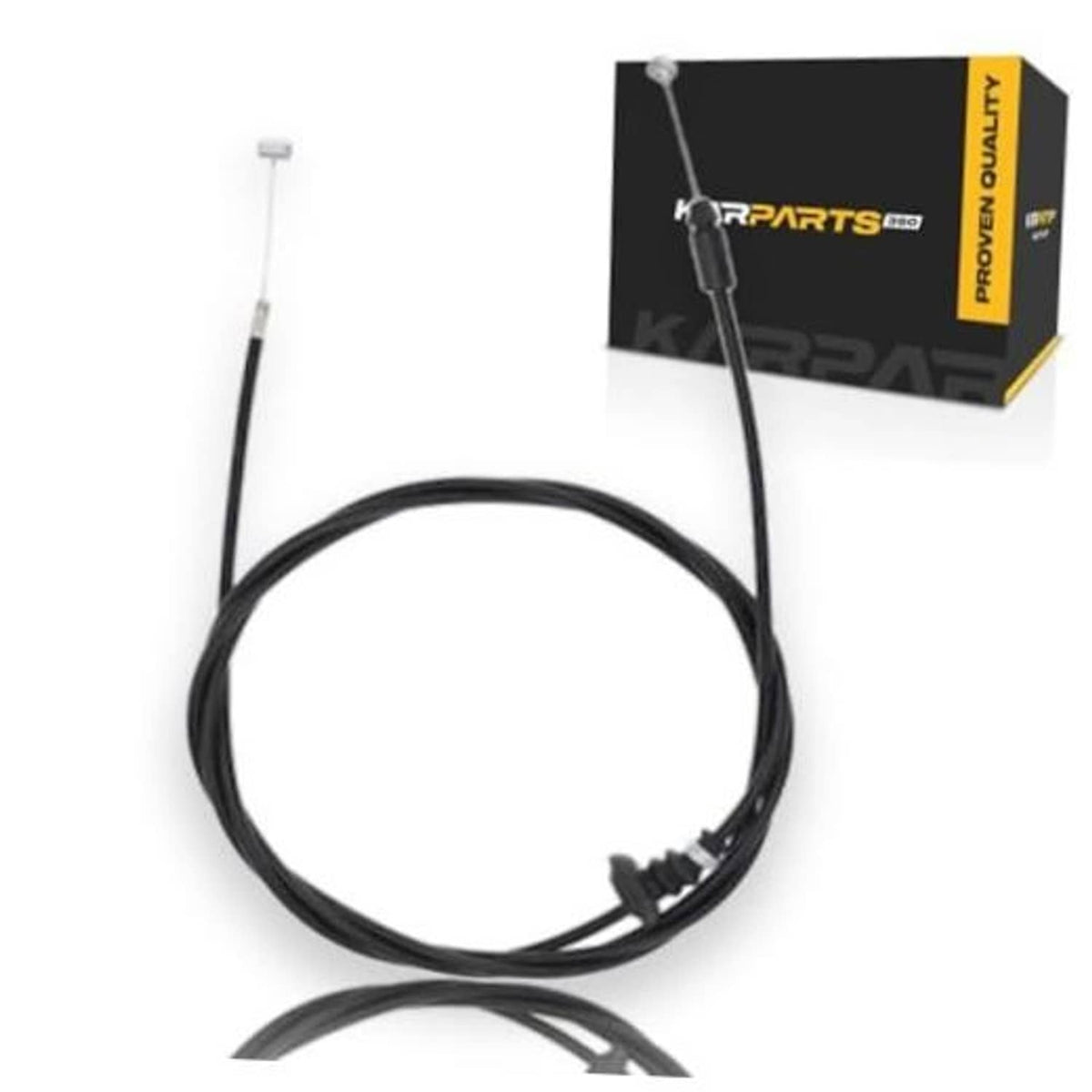 Black hood release cable with metal ends and plastic clips, coiled with loose cable.