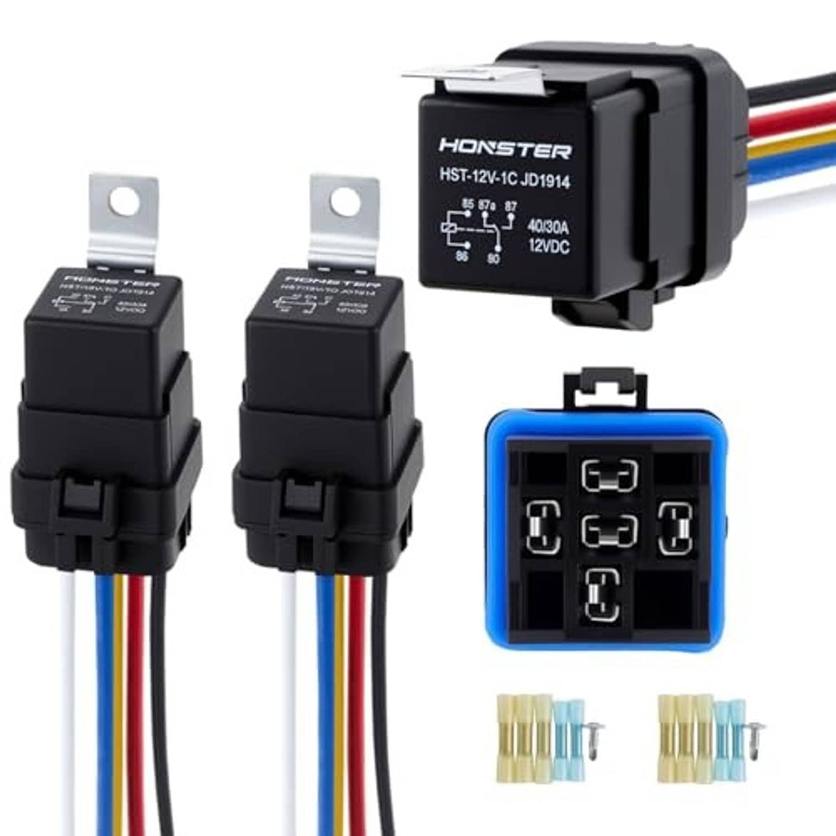 5-pin SPDT relay socket with blue connector face and colored wire pigtails