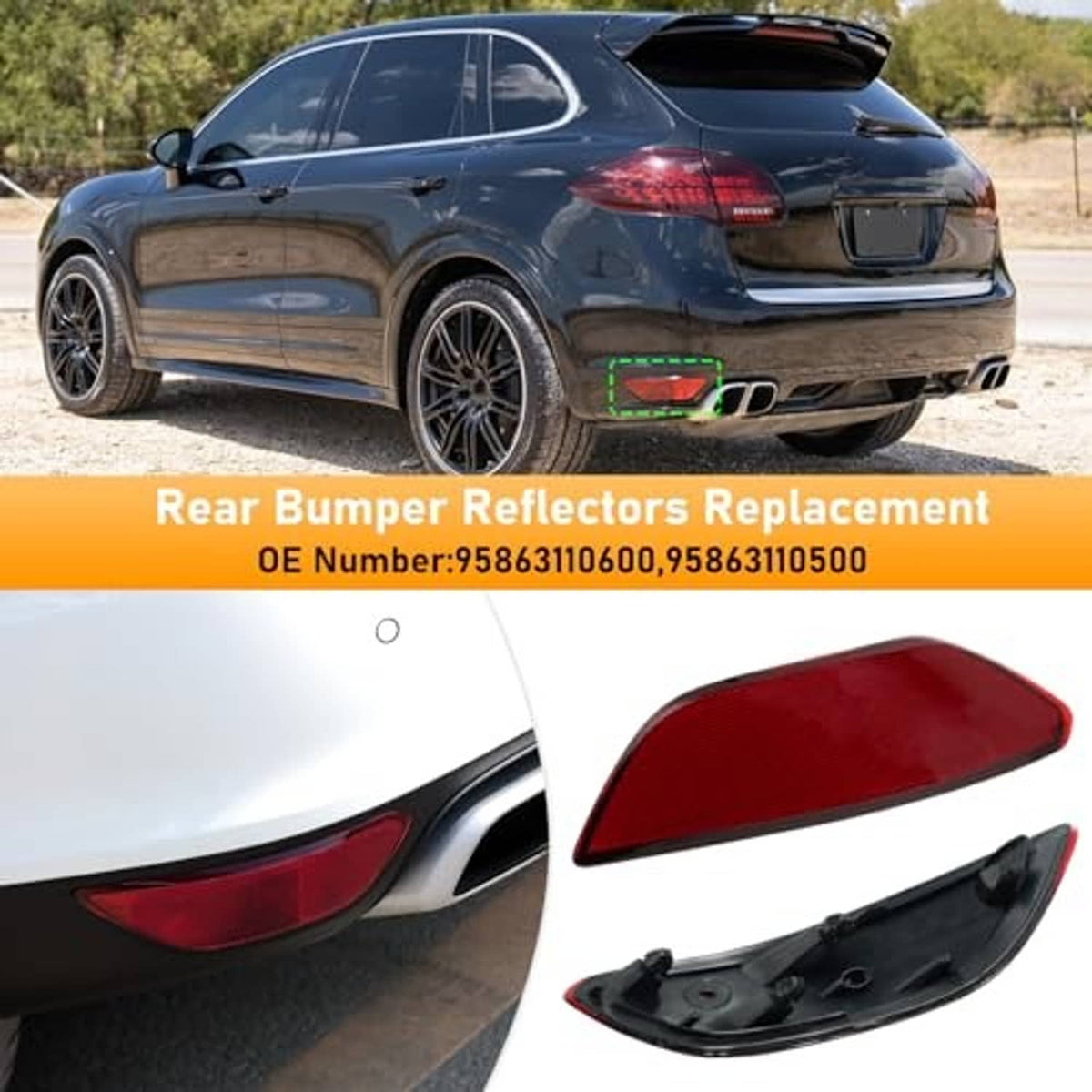 Rear bumper reflector replacements on SUV rear bumper, red lenses with black housings