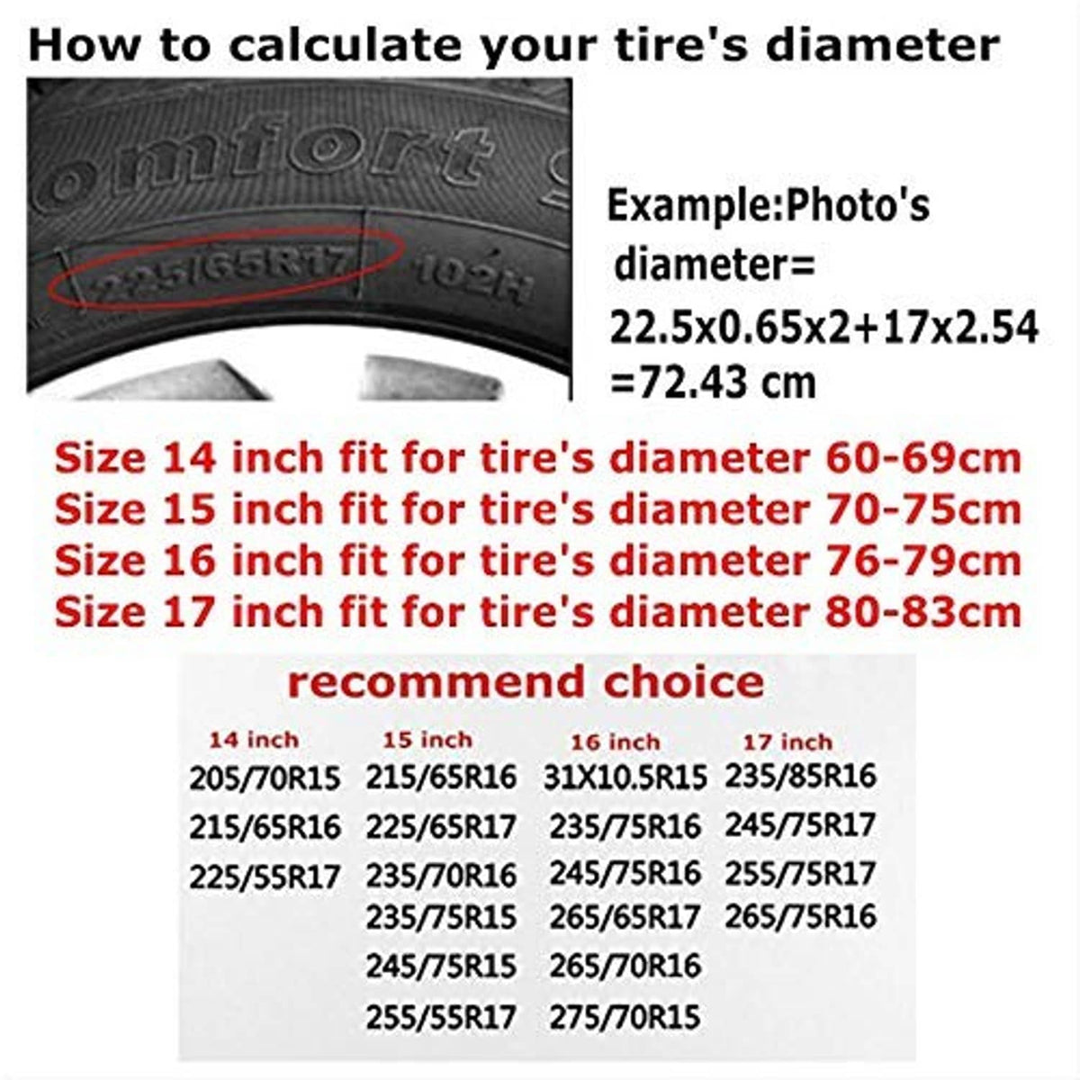 Universal spare tire cover size guide: fits 14–17 inch tire diameters, chart