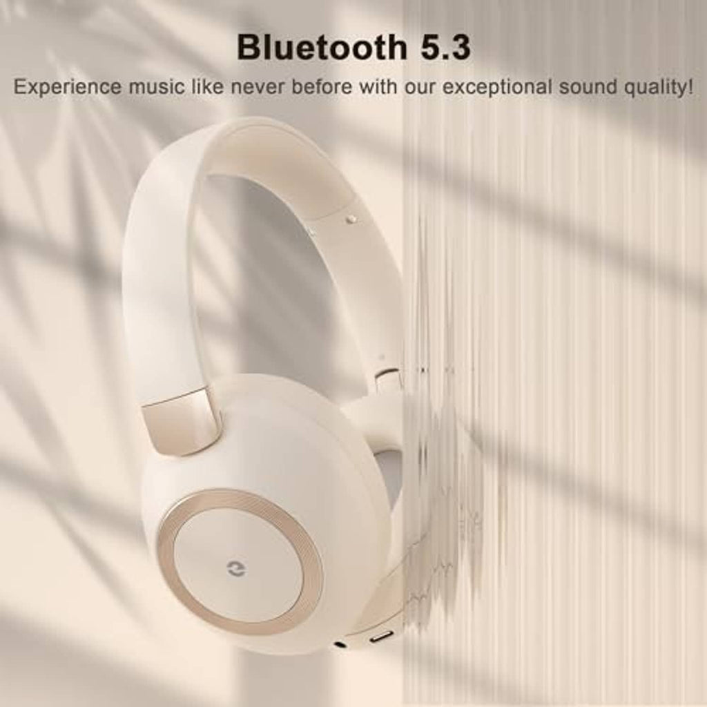 Beige wireless over-ear headphones, side view with control panel on earcup