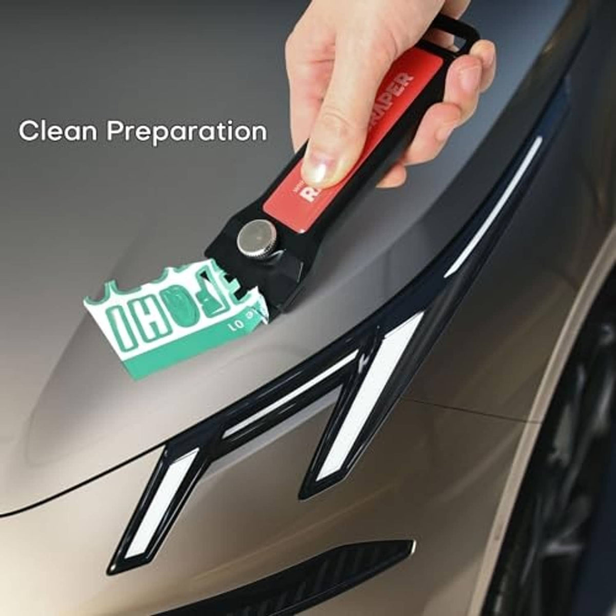 Edge cleaning blade tool held by hand for prepping car window trim