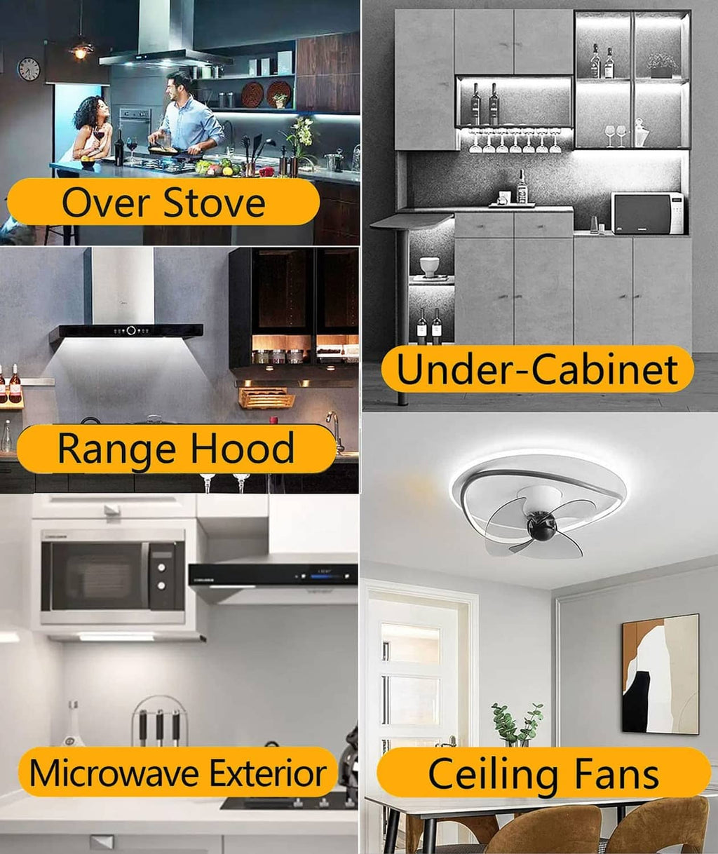 Kitchen LED lighting use cases, showing bulb-equipped fixtures under cabinet and ceiling areas