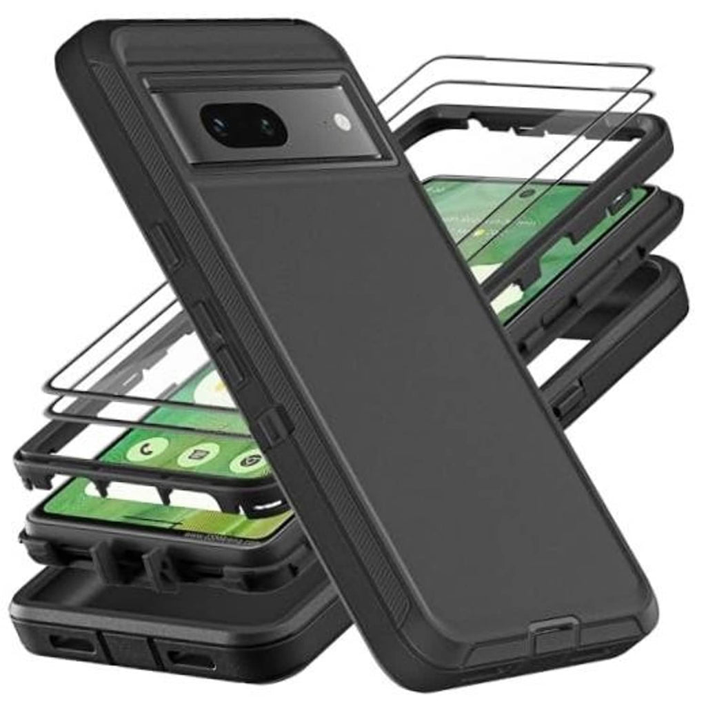 Black 3-in-1 rugged phone case with bumper frame, port cutouts, and screen cover pieces