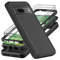 Black 3-in-1 rugged phone case with bumper frame, port cutouts, and screen cover pieces