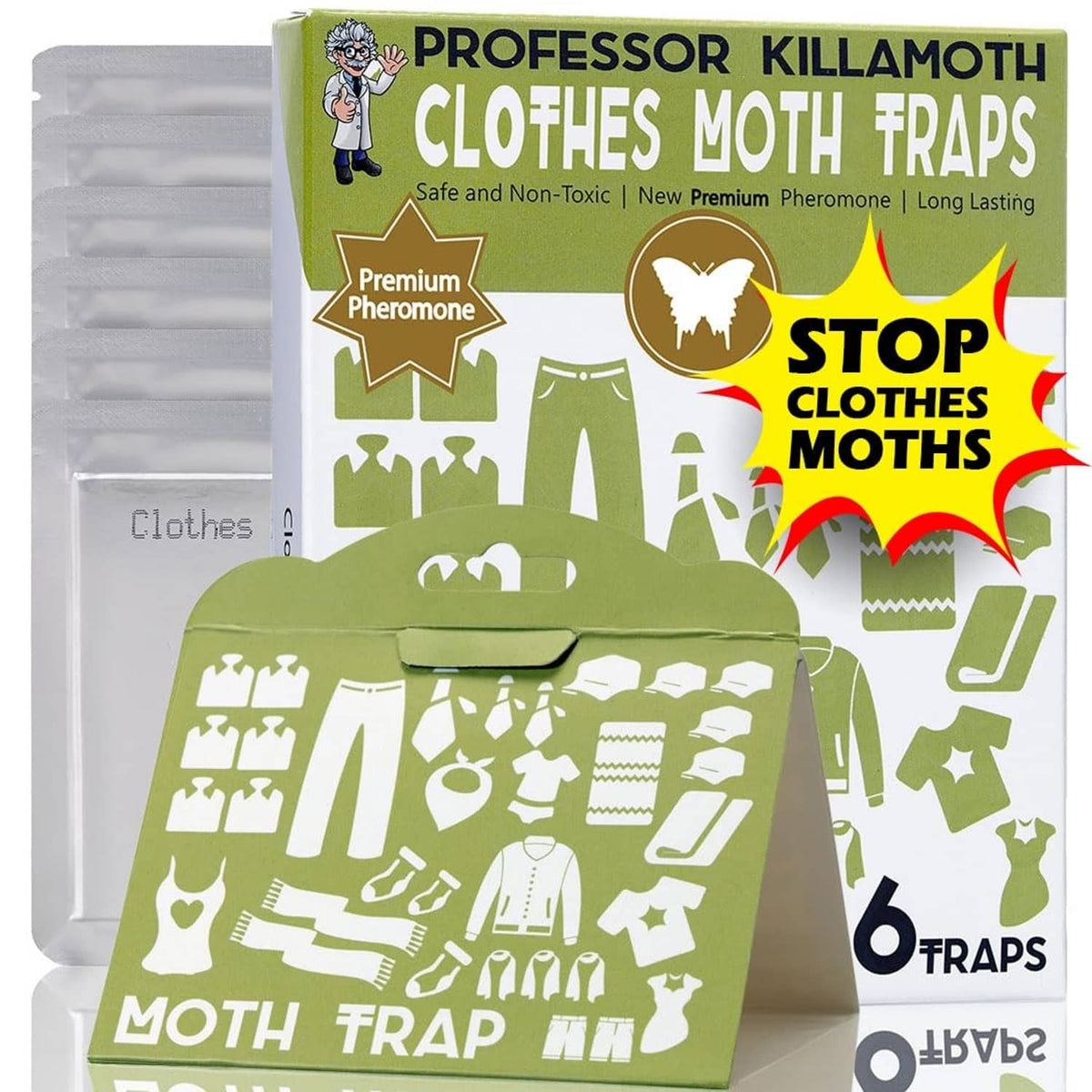 Professor Killamoth clothes moth trap 6-pack box with green trap design