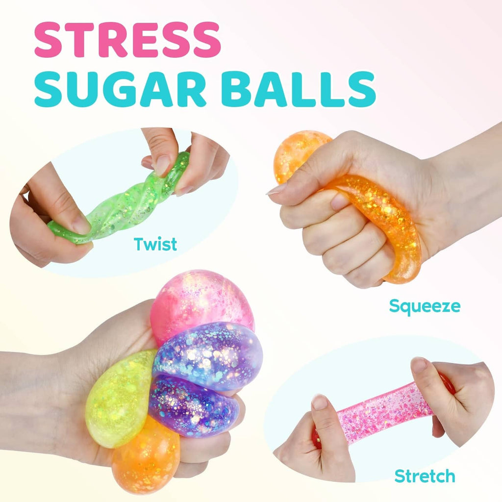 Colorful glitter water-droplet squishy stress balls being twisted, stretched, and squeezed.