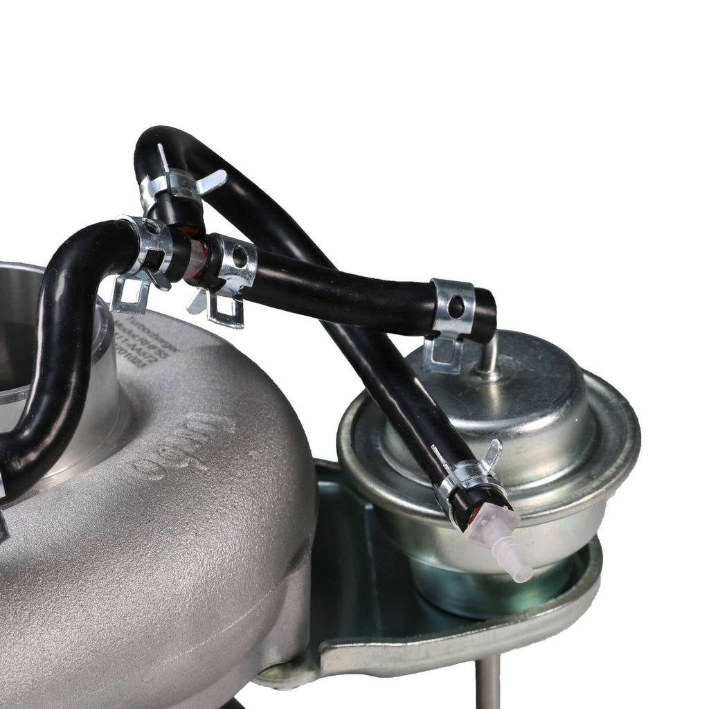 Turbocharger with black coolant hose, metal fittings, and compressor inlet flange