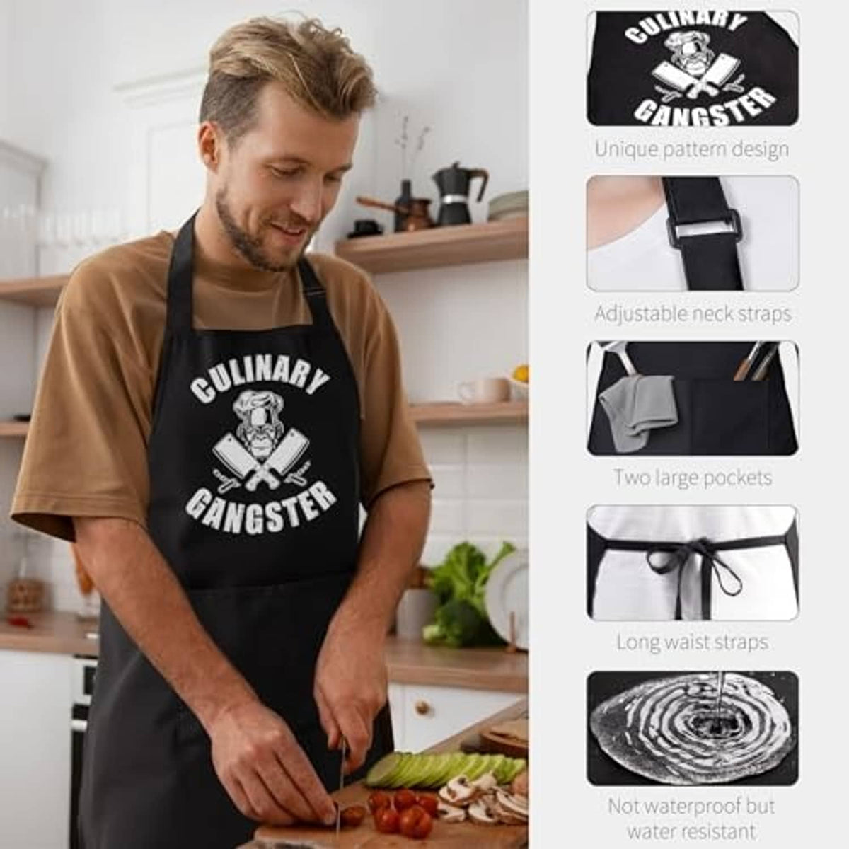 Black cooking apron with 'Culinary Gangster' logo, adjustable neck strap and waist ties