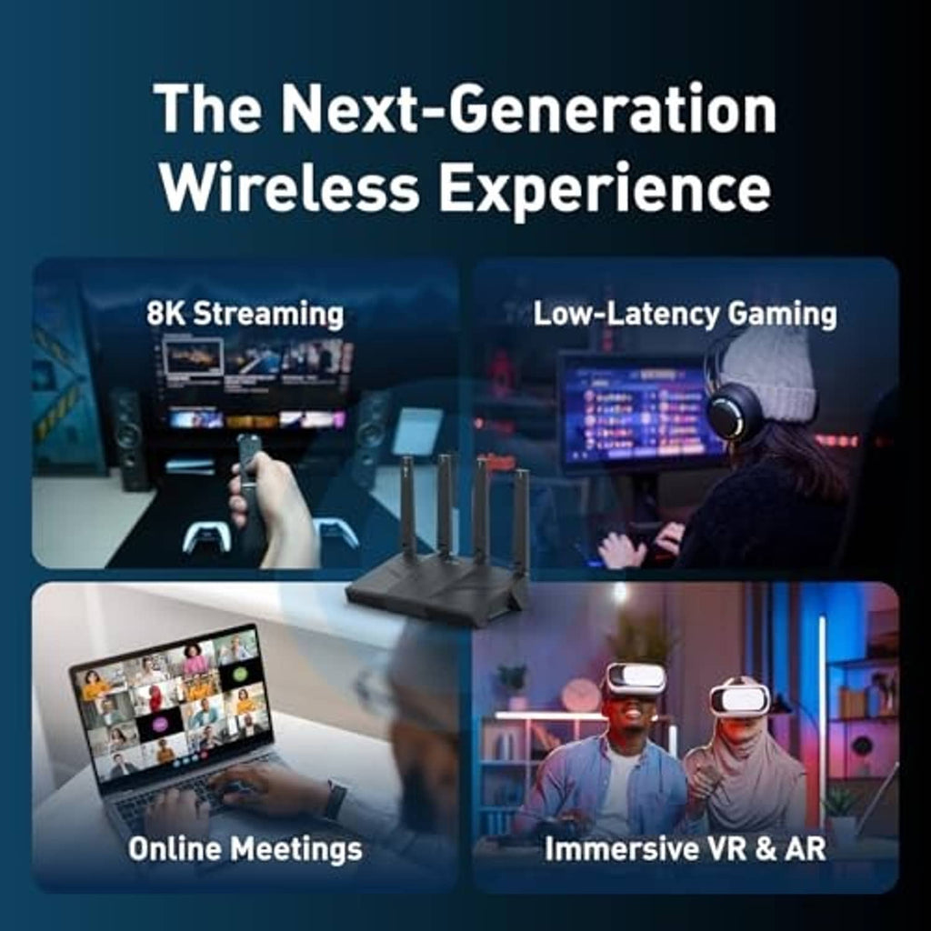 Wi-Fi home router with four antennas, next-gen performance graphic