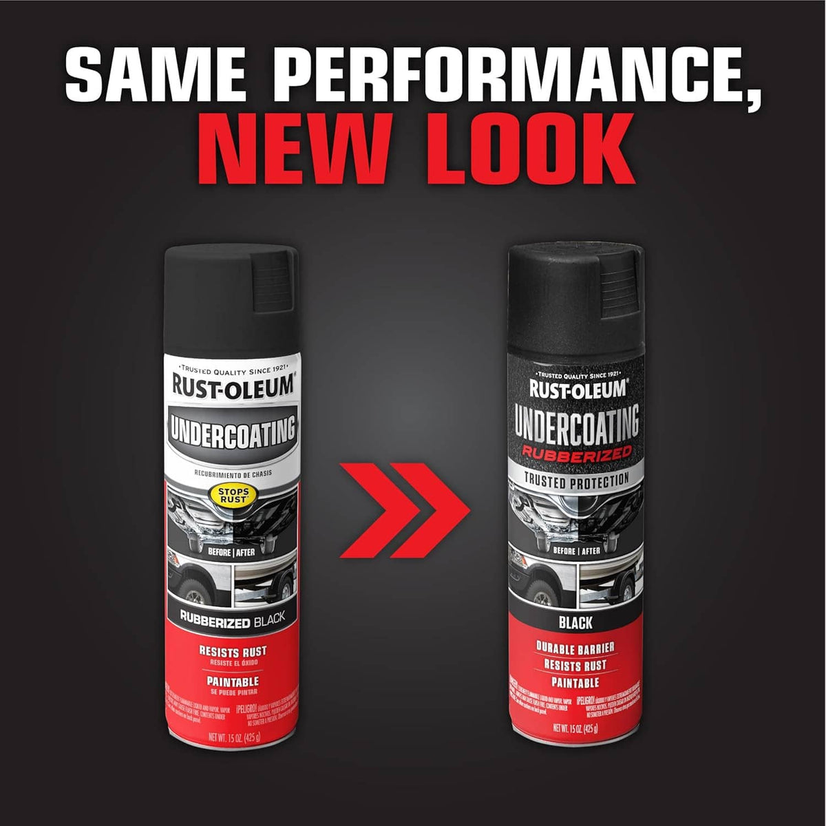 Rust-Oleum undercoating spray cans in black rubberized finish, two-can promo.