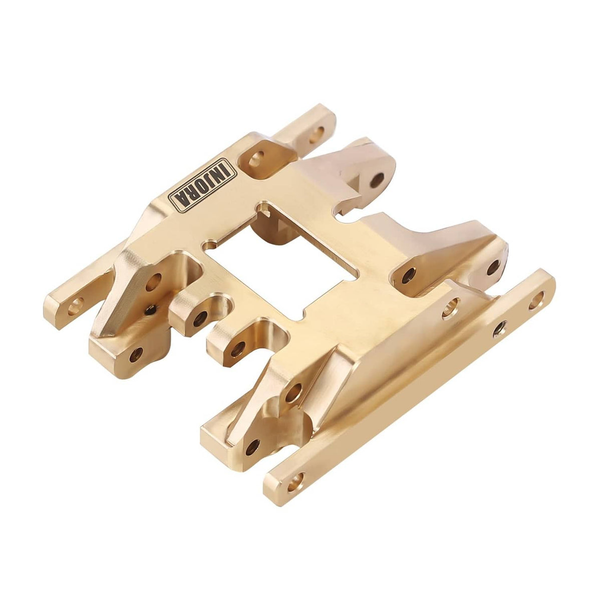 INJORA brass transmission skid plate mount, angled view of metal bracket