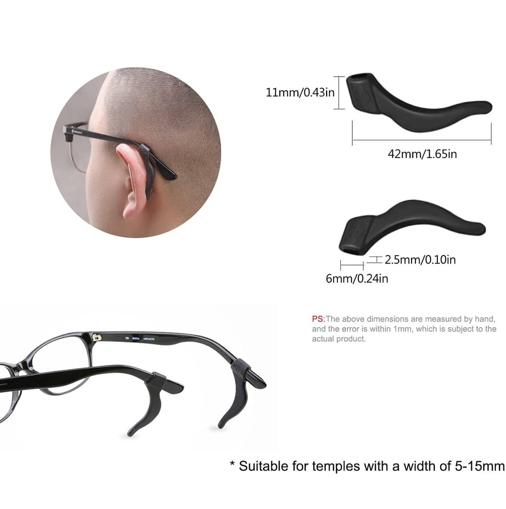 Black silicone eyeglass ear grips with curved non-slip tips, sizing shown