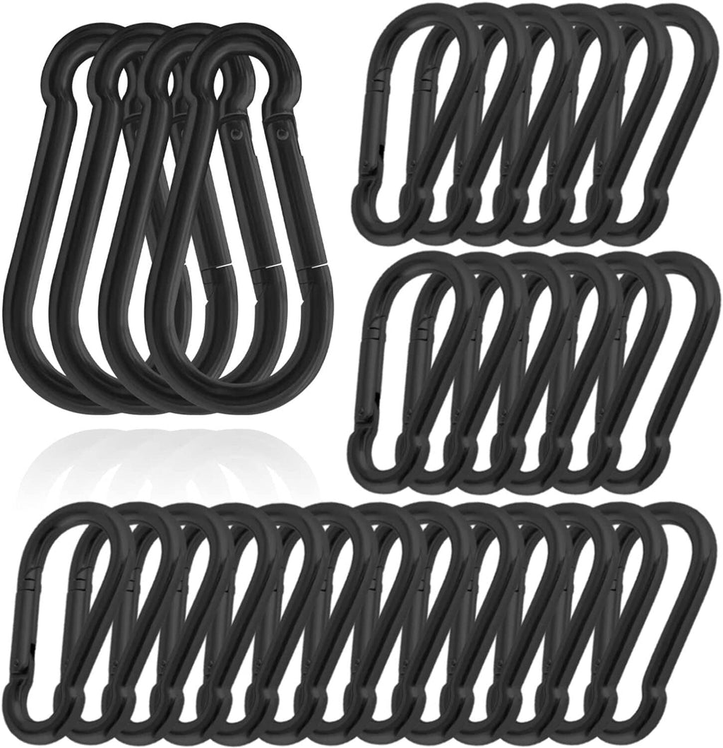 Set of black steel carabiner clips with spring gates, multiple pieces
