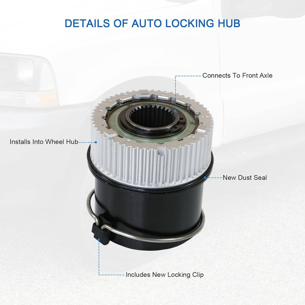 Auto-locking hub assembly with toothed gear and dust seal; includes locking clip