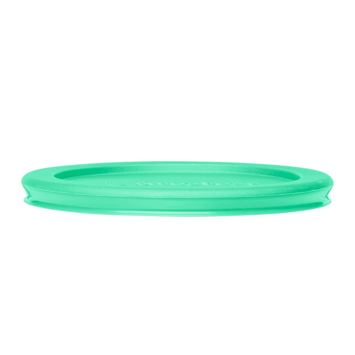 Teal plastic lid for round glass storage container, close-up