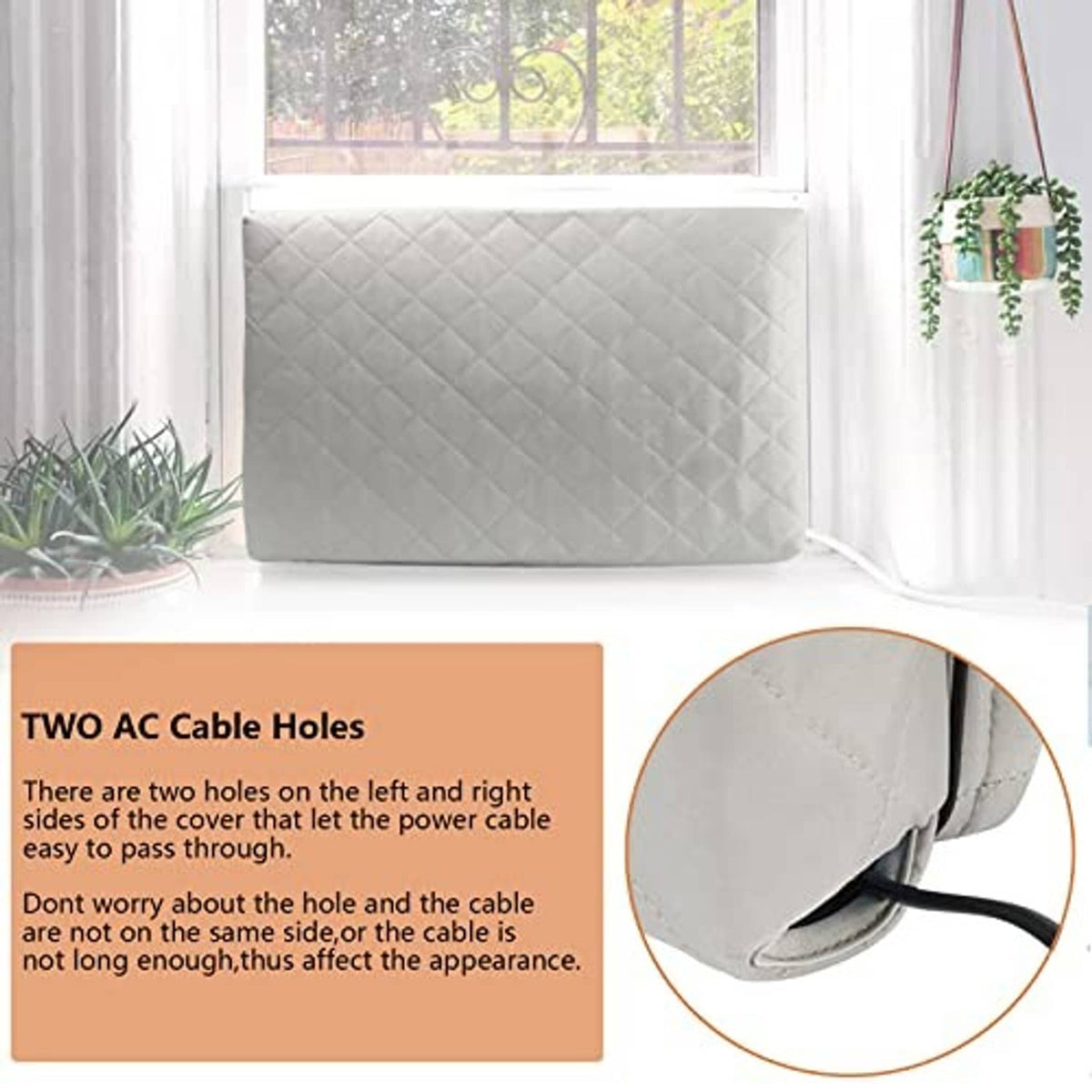 White quilted window AC cover with two side cable holes and drawstring