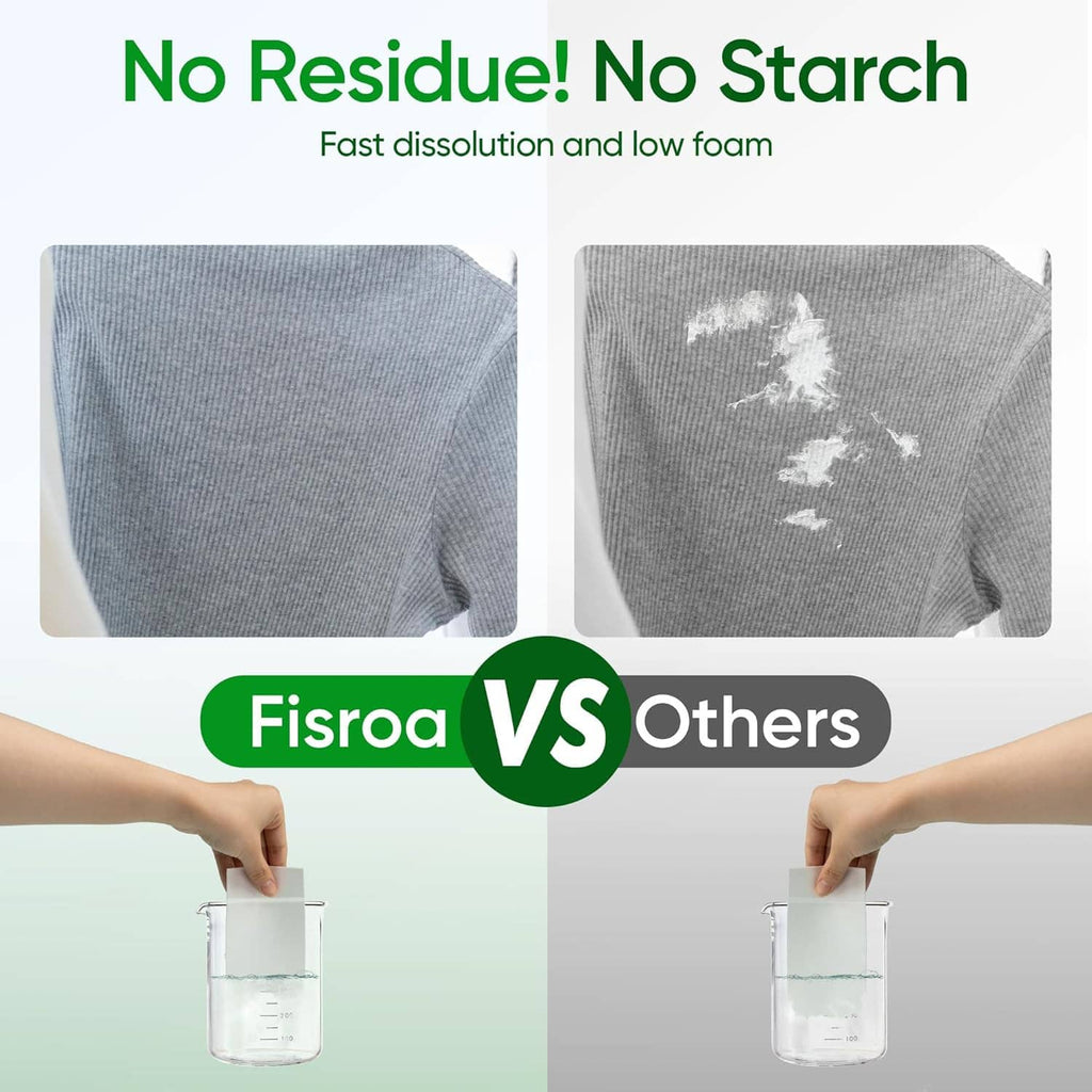 Laundry detergent sheets dissolve test on gray fabric, no residue or starch
