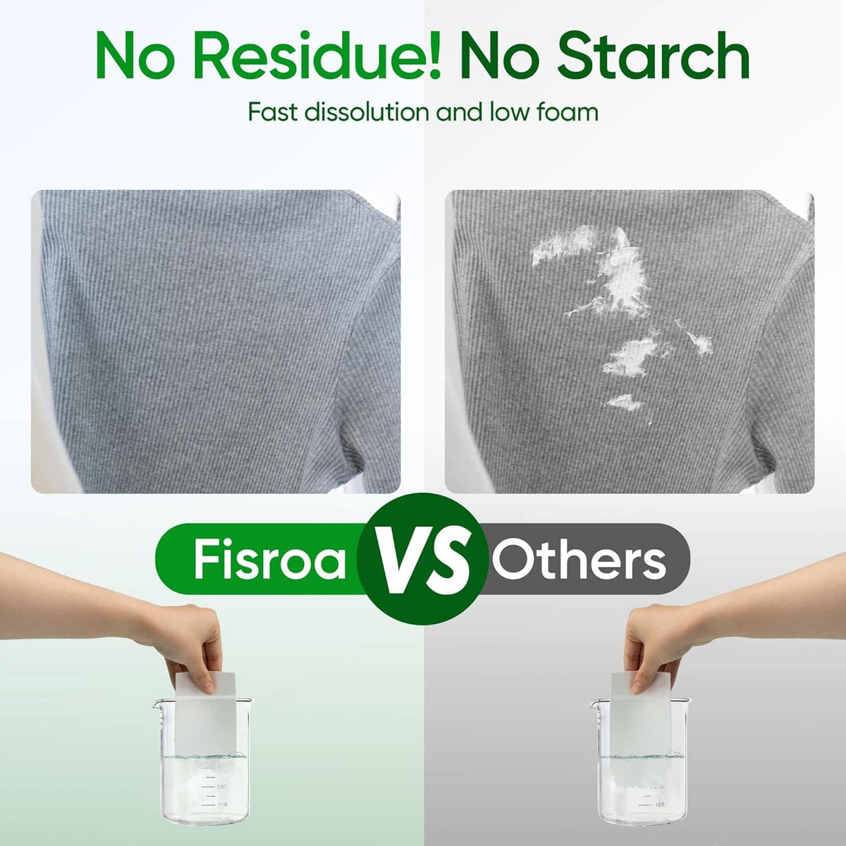 Laundry detergent sheets dissolve test on gray fabric, no residue or starch