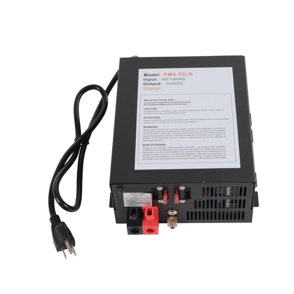 RV power converter with model label, black power cord, and 12V output terminals