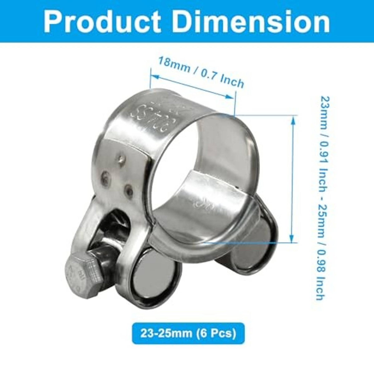 Stainless T-bolt hose clamp diagram showing 23–25 mm fit range