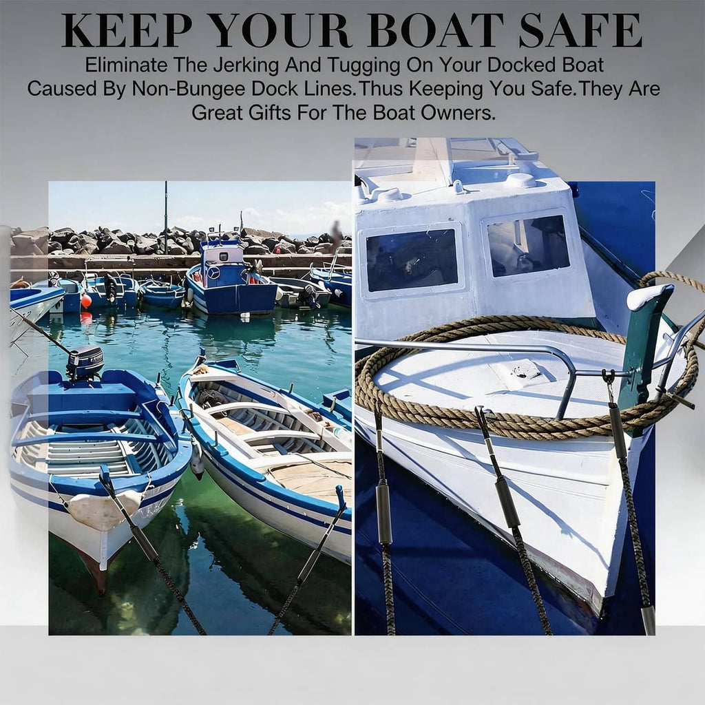 Black bungee dock line with stainless hooks and braided elastic core foam sleeves