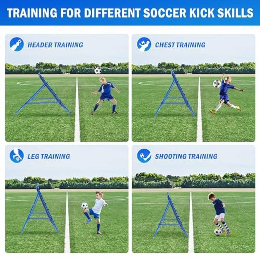 Blue rebounder net with white mesh grid for soccer kick drills and ball return