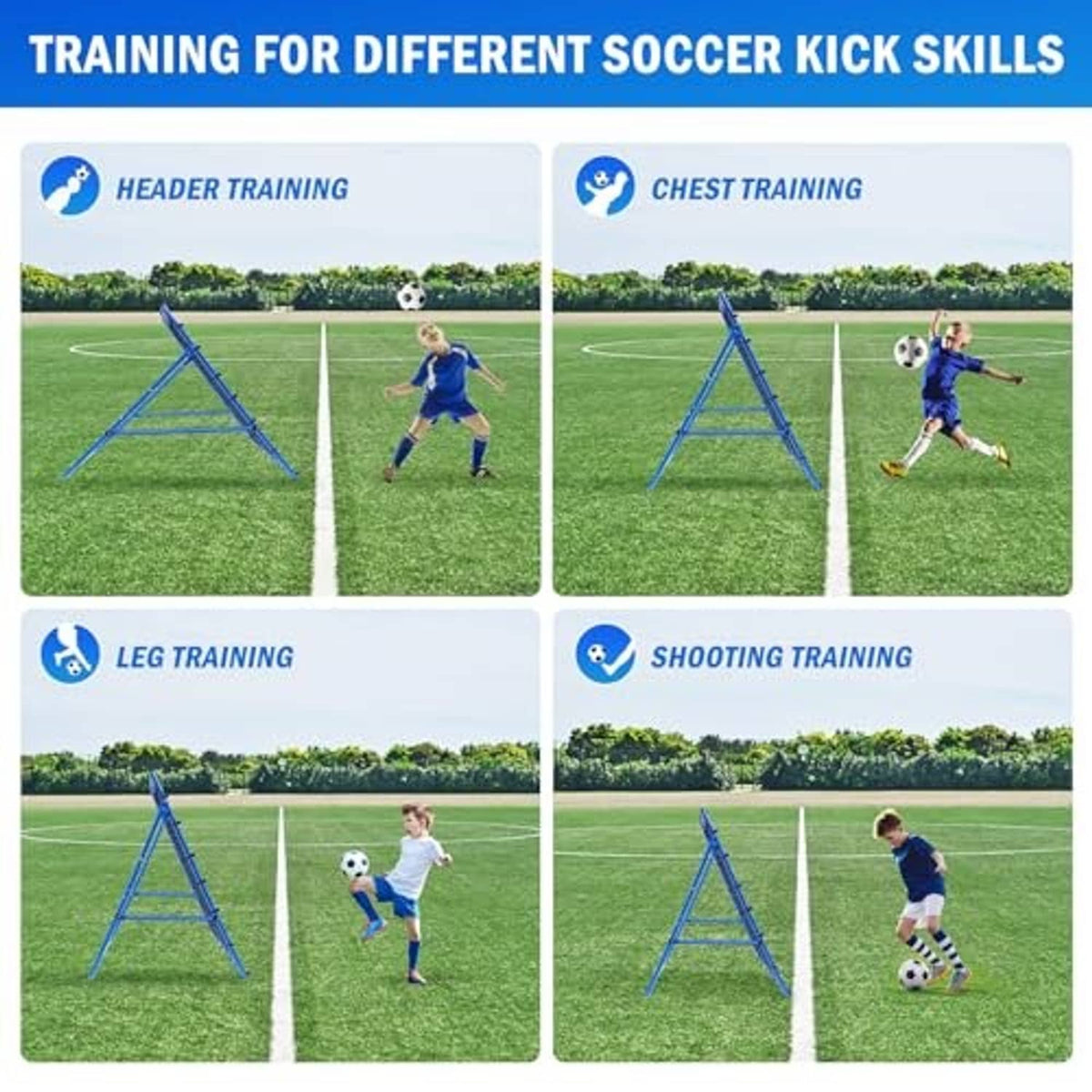 Blue rebounder net with white mesh grid for soccer kick drills and ball return