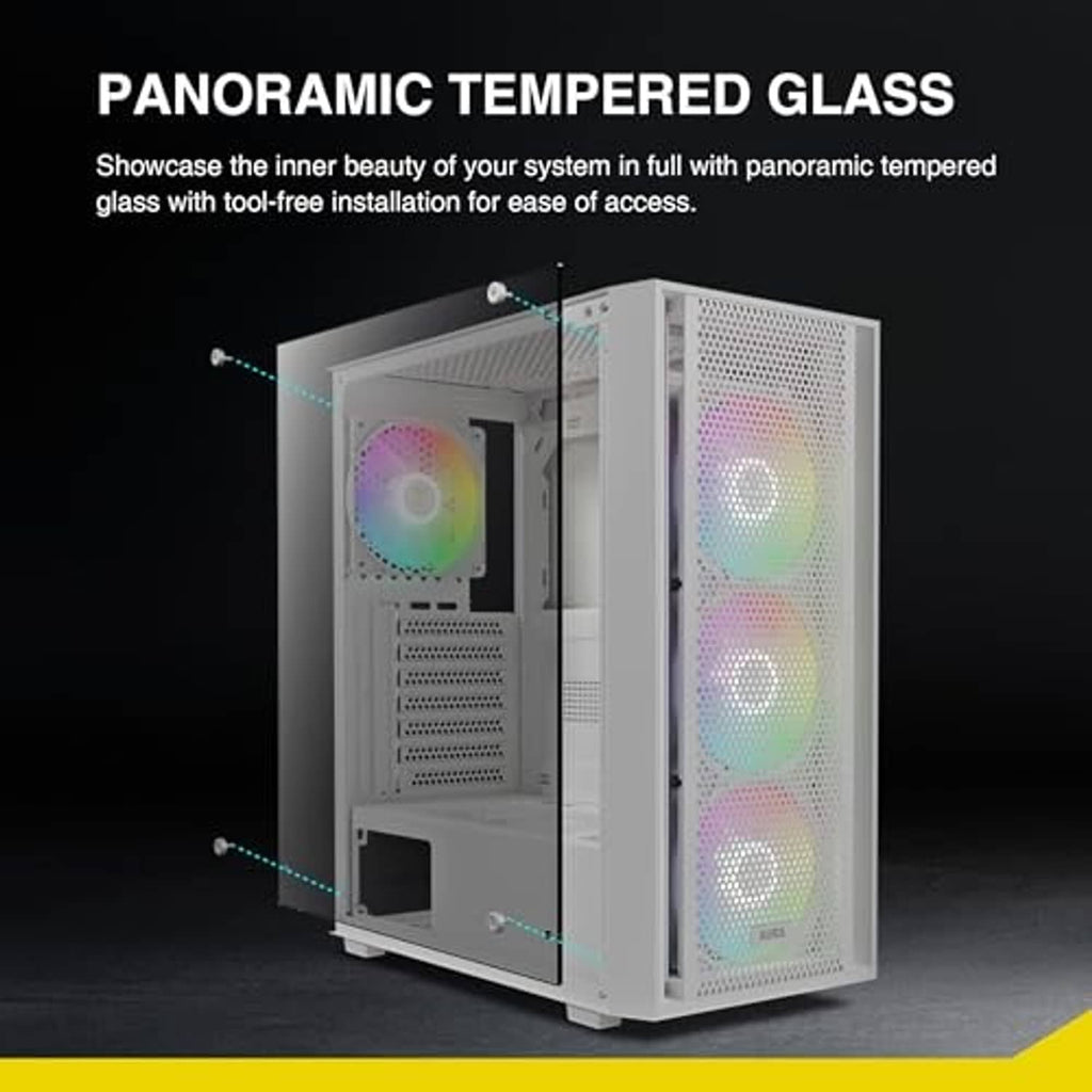 White mid-tower PC case with panoramic tempered glass and visible interior components
