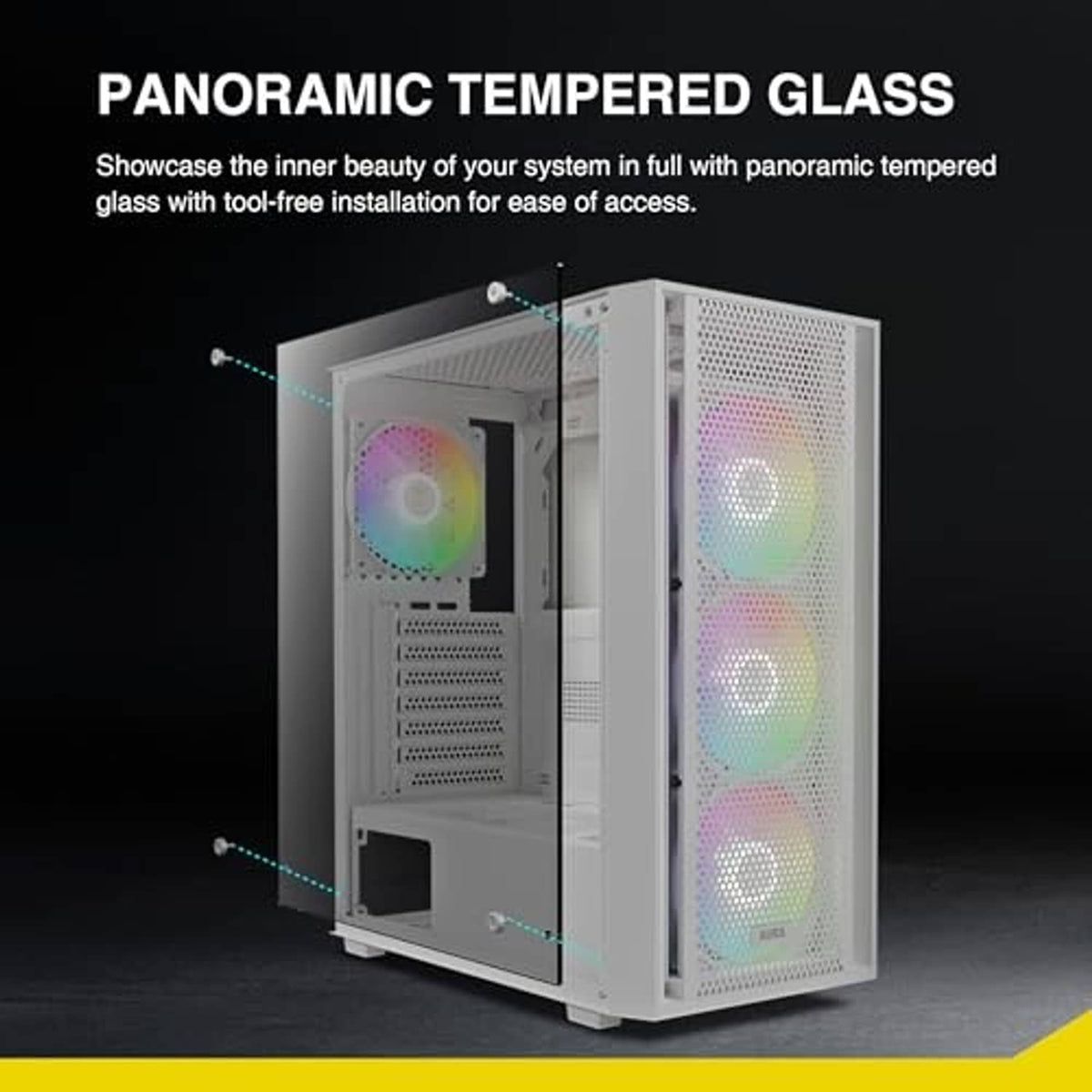 White mid-tower PC case with panoramic tempered glass and visible interior components