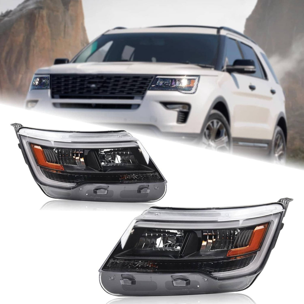 Pair of black housing headlights with chrome reflectors and amber side markers