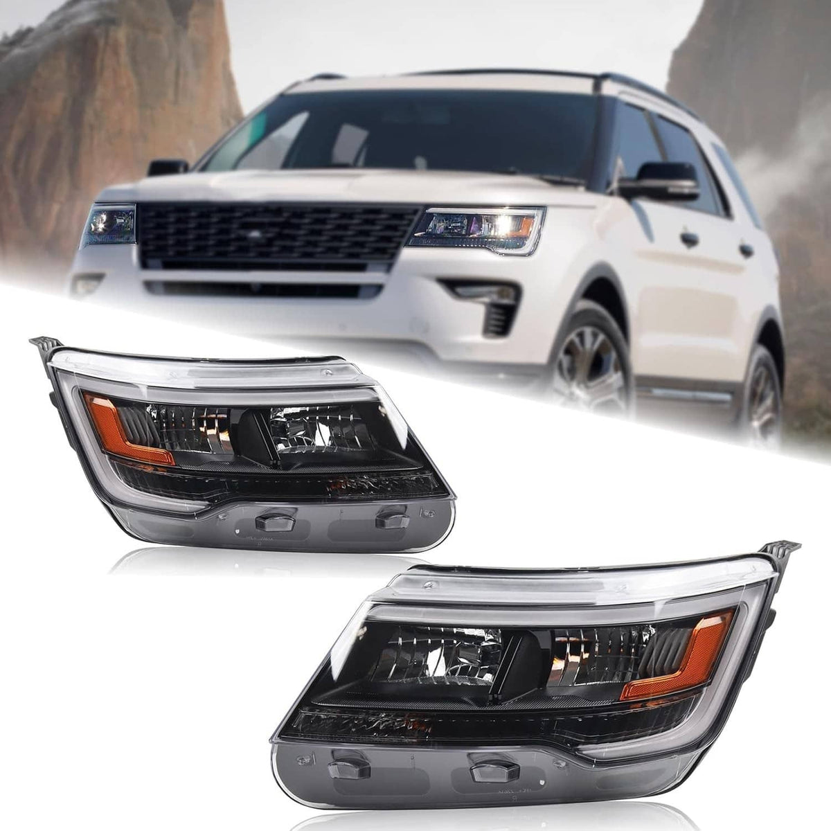 Pair of black housing headlights with chrome reflectors and amber side markers