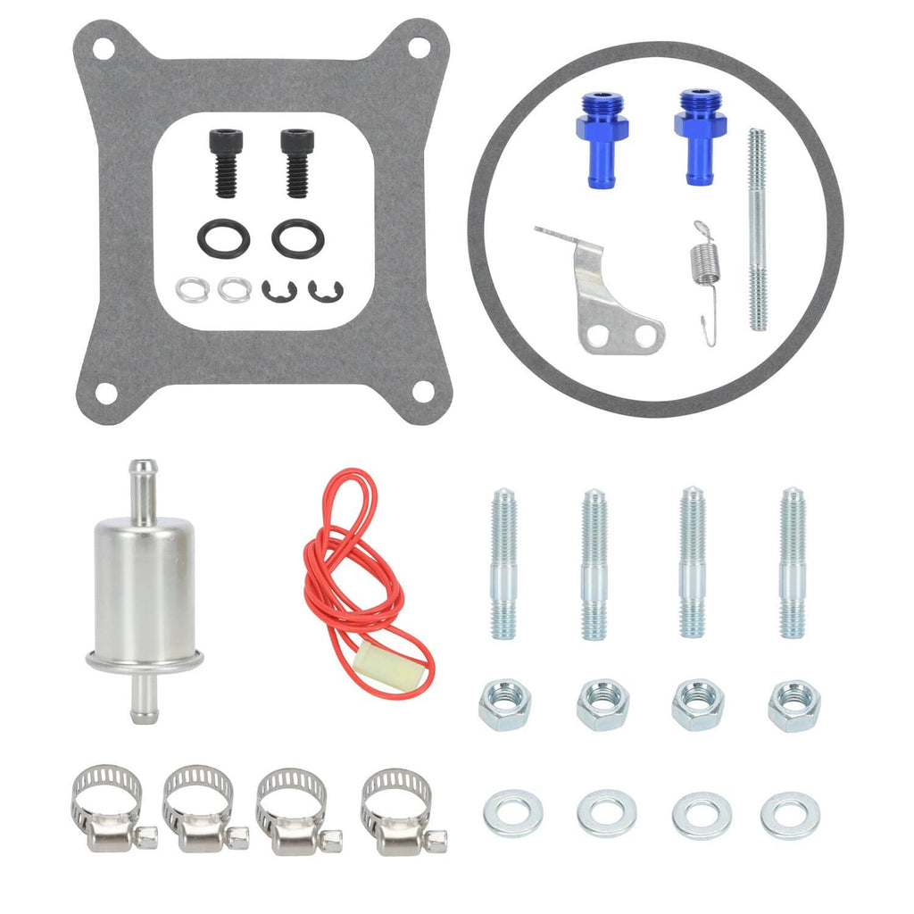Carburetor replacement kit parts: gaskets, bolts, fuel filter, wiring, and fittings