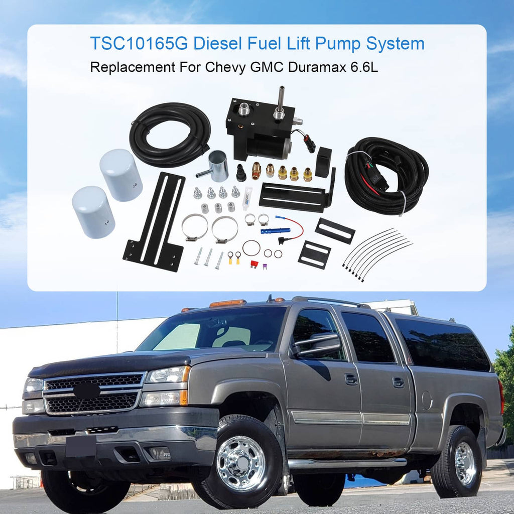 Diesel fuel lift pump system kit with fuel filters, wiring harness, and metal mounting parts