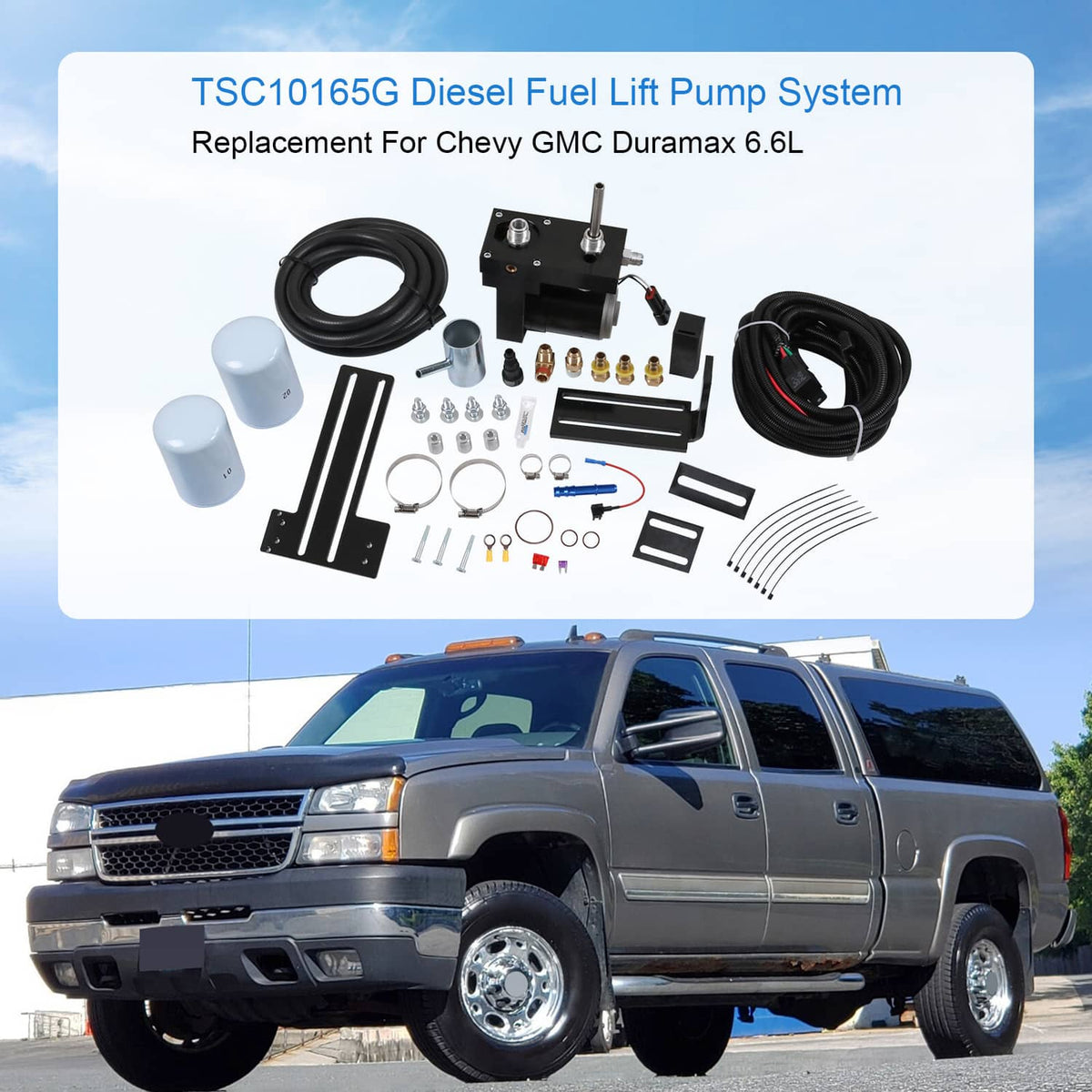 Diesel fuel lift pump system kit with fuel filters, wiring harness, and metal mounting parts