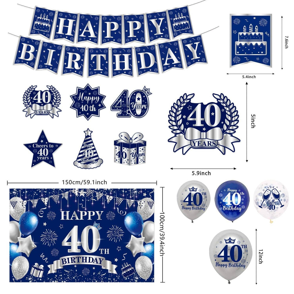 Blue 40th birthday set pieces: banner, swirls, star decor, balloons, and backdrop