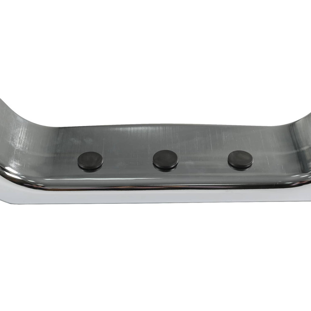Chrome bumper face bar section with three round mounting studs on the top edge