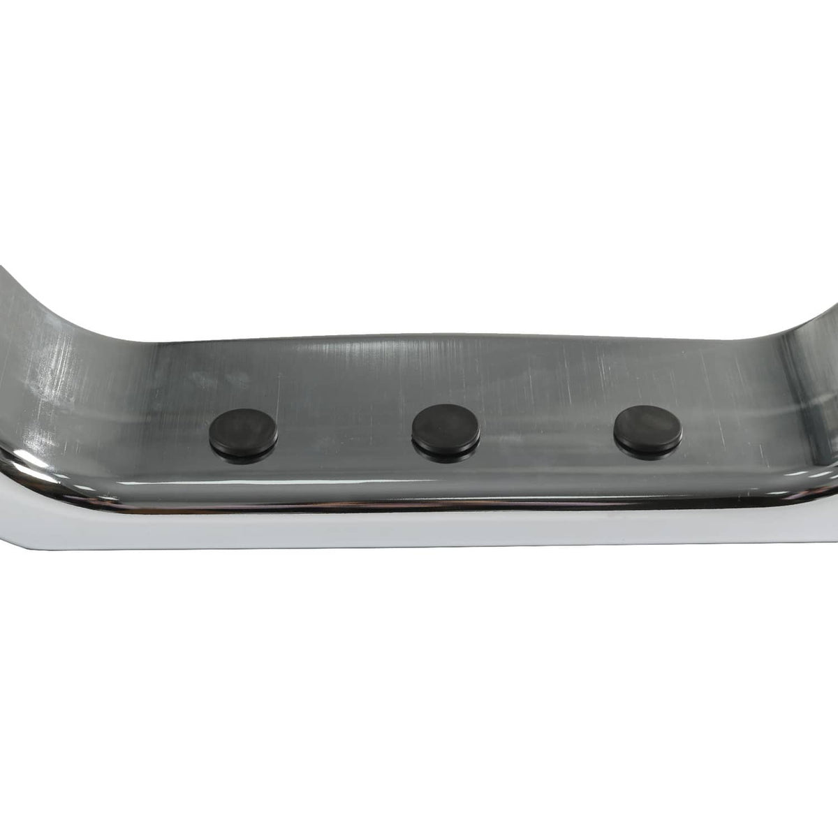 Chrome bumper face bar section with three round mounting studs on the top edge