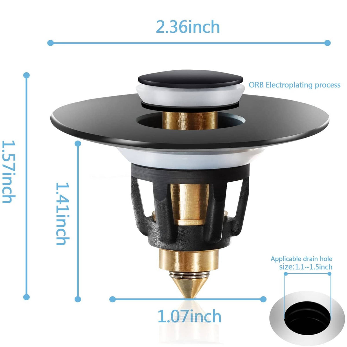 Matte black pop-up drain stopper with round top, silver collar, and brass stem